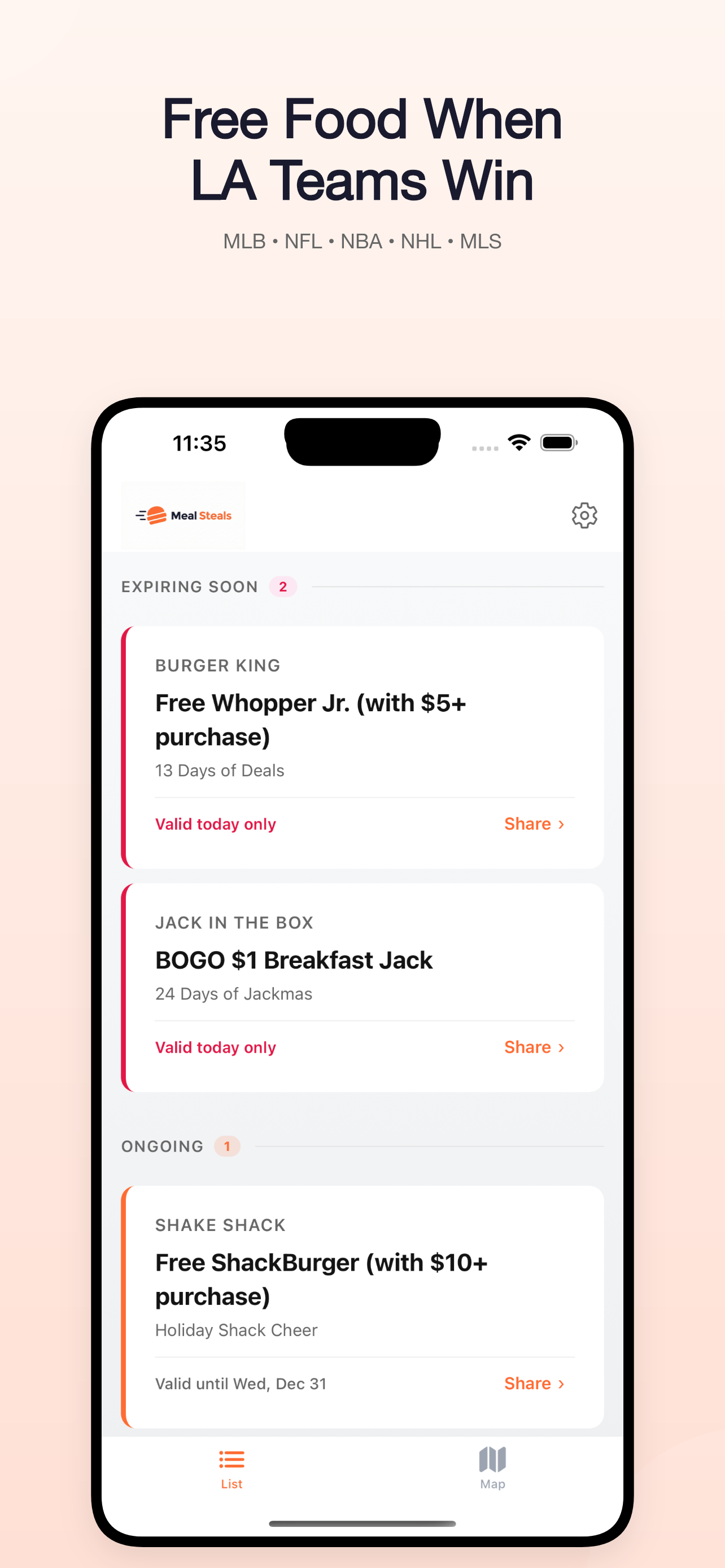 Meal Steals app showing free food deals